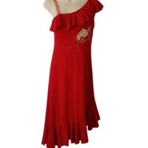 Vintage Nekos Womens One Shoulder Dress Red Ruffle Floral  Embroidered Sequin S
